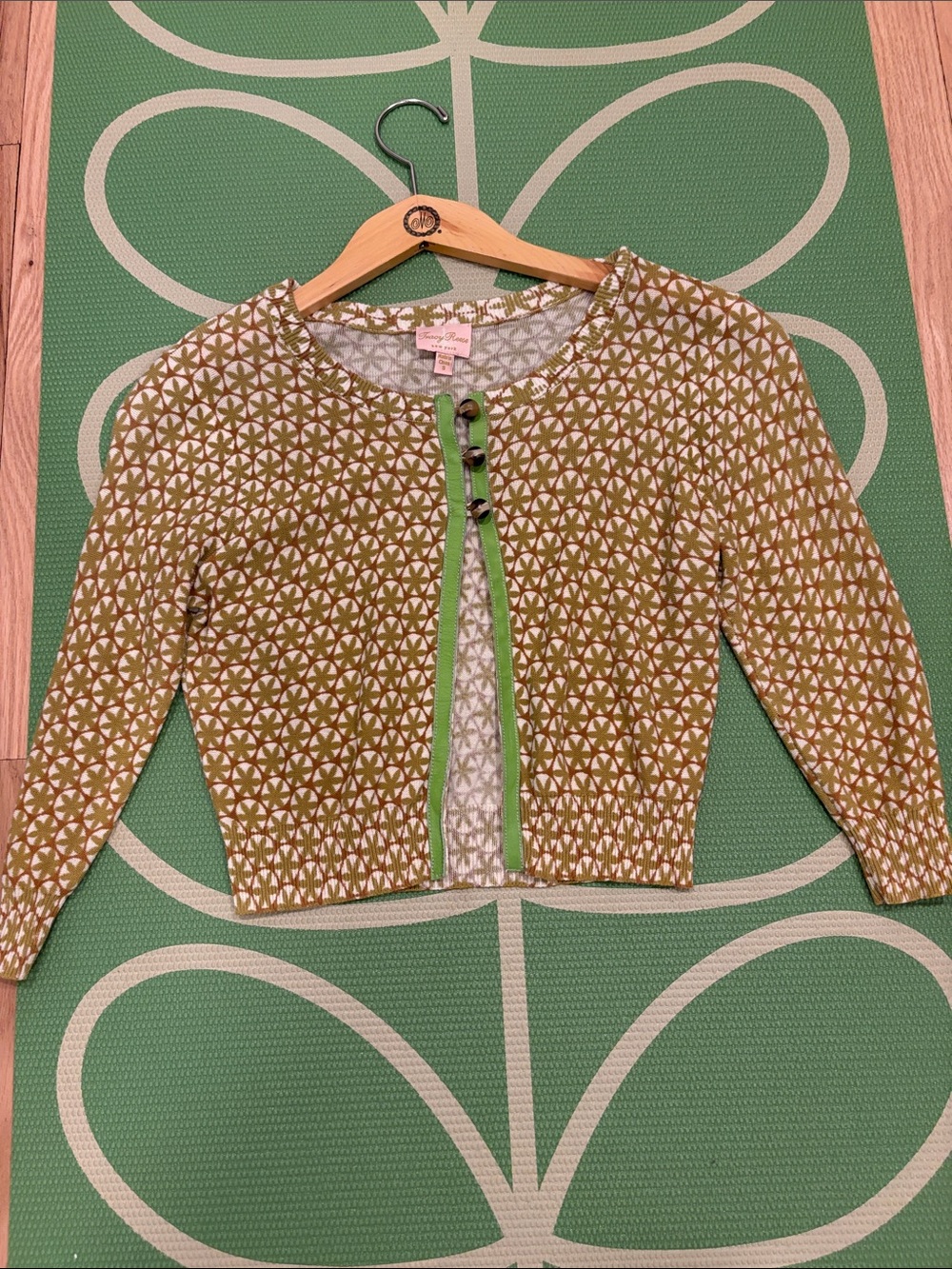 Tracy Reese Cropped Olive Geometric Knit Cotton Cardigan Small